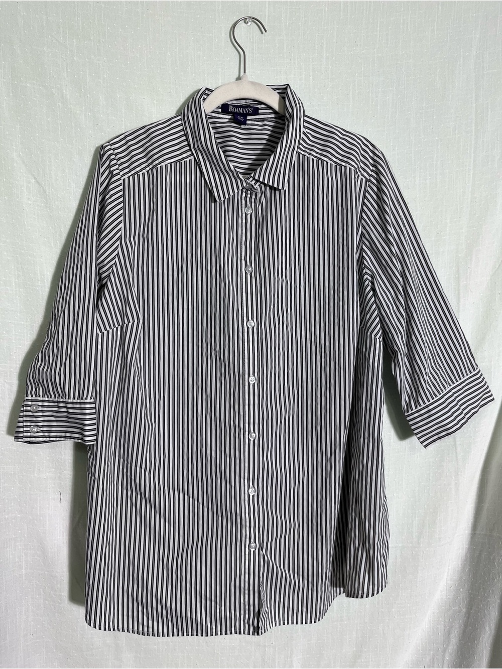 Roaman’s 22W Black White Striped Button Front Shirt Plus Size 3/4 Sleeve